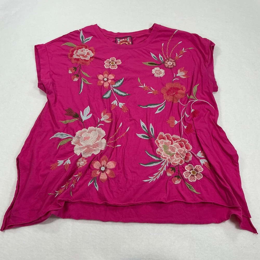 Johnny Was Los Angeles Pink Embroidered Floral Cotton Tee Top Large SKU 1653